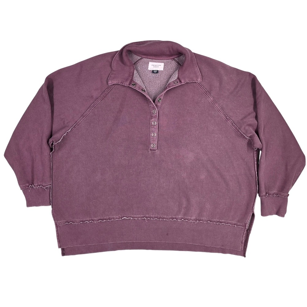 American Eagle Womens Snap Neck Sweatshirt Purple Raw Edge Seam Pullover Small